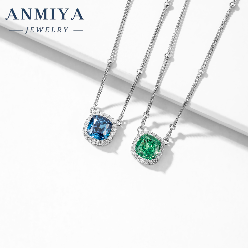925 Sterling Silver Cubic Zirconia Cushion Cut Fancy Green Blue Diamond Pendant Necklace