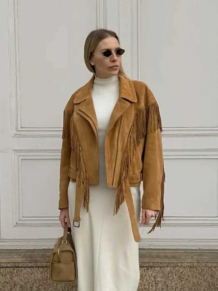 Lapel Tassel Short Jacket For Women Fashion Solid Long Sleeves Design Zipper Loose Coat Casual Autumn New High Street Outerwears Z250918