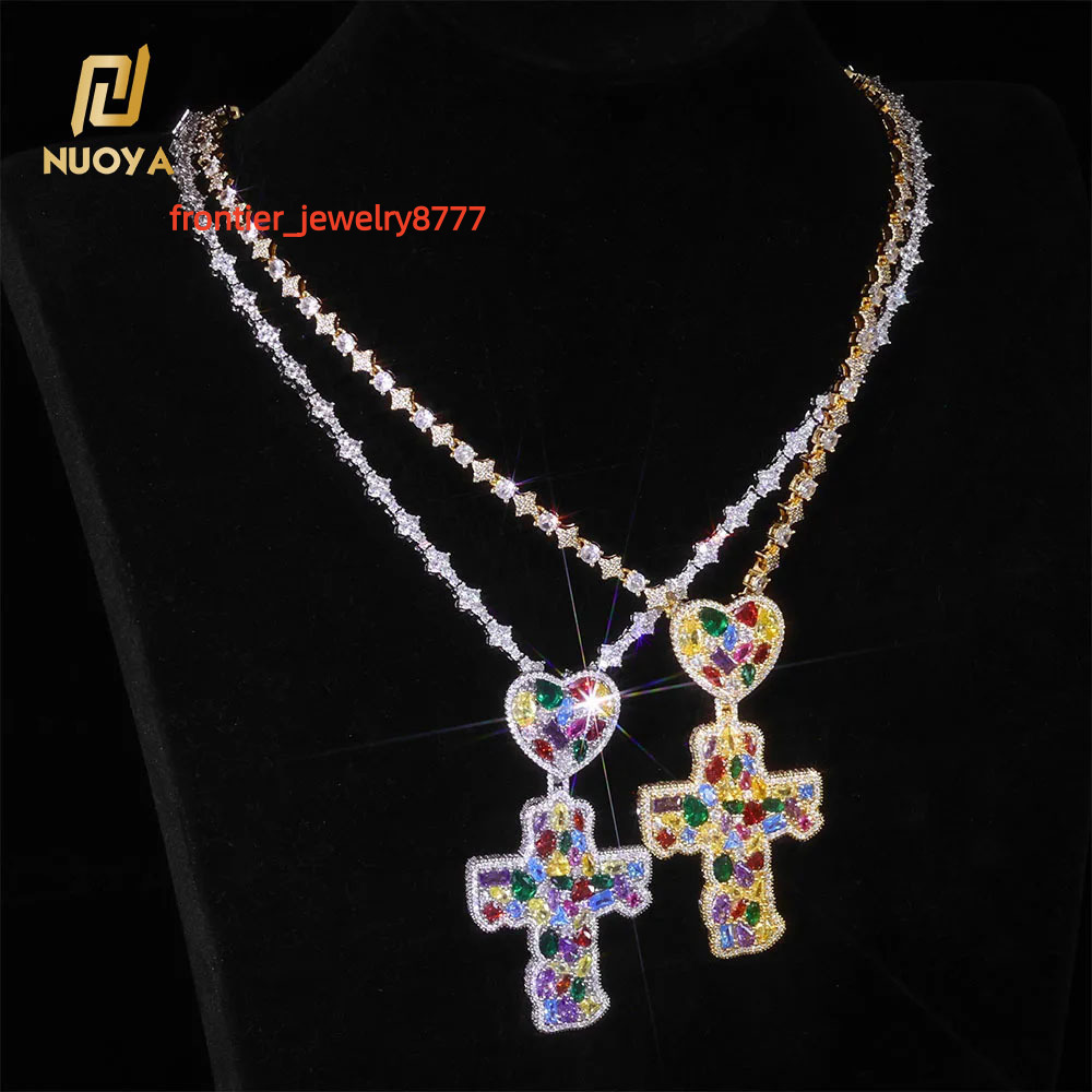 NUOYA Iced Out Colorful Love Hook Cross Pendant Necklace Gold Plated Large Baguette Moissanite Diamonds Custom Charm Hip Hop Jewelry