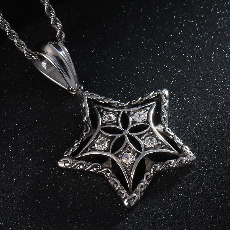 Creative Stainless Steel Five-Pointed Star Pendant Personalized Dia-Encrusted Men's Necklace Accessory