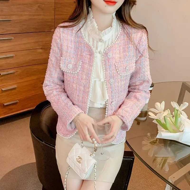 Womens Coarse Tweed Bead Jacket Office Lady Surcoat New Fashion Versatile Small Casual Top Elegant Little Fragrant Coat Z250918