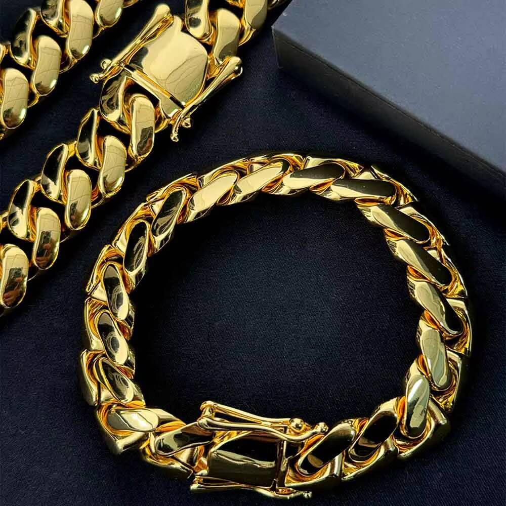 14K Gold Plating Cuban Chain 14mm Hiphop Copper Alloy Plain Brass Miami Cuban Link Chain