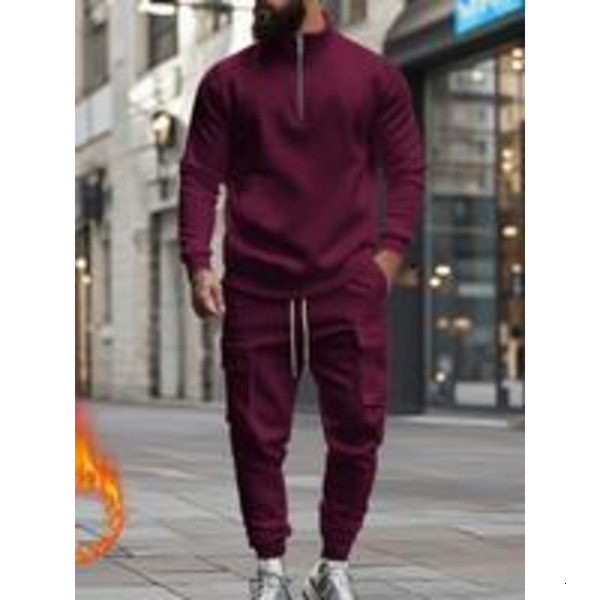 Men's Casual Fleece Lined Fitted Zipper Work Pants Set, Thick Fabric Warm Long Trousers for Fall & Winter, New Arrival Us Style