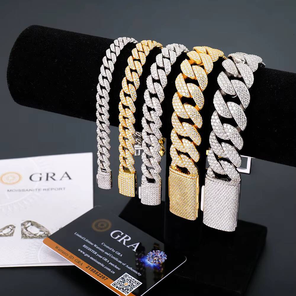 925 Silver Hip Hop Jewelry VVS Moissanite Diamond Cuban Link Bracelets Arc Shape 8mm10mm12mm White Gold Yellow Gold Cuban Chains