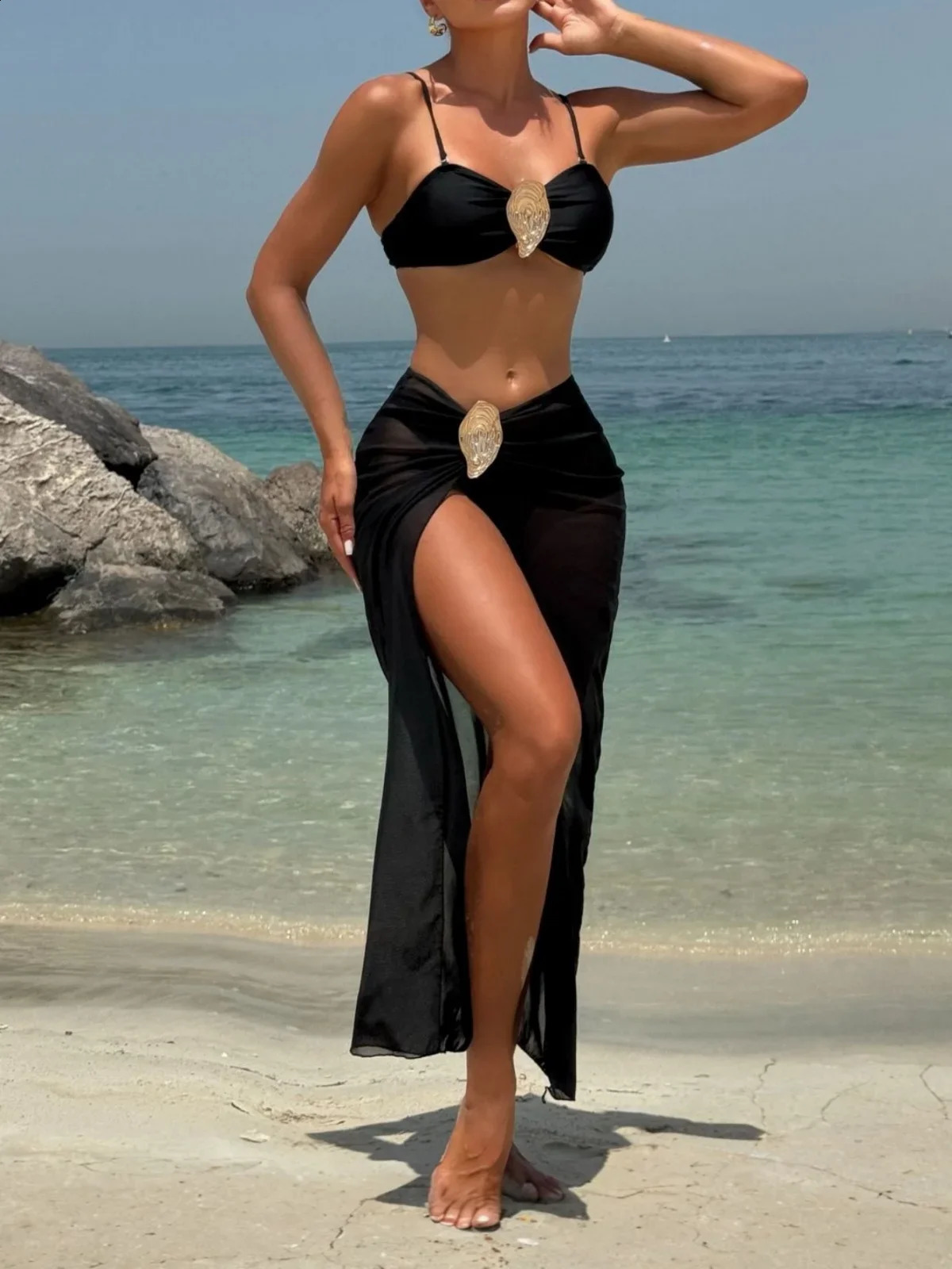 Vintage White Swimsuit Women Metal Oyster Buckle Push Up Mesh Long Skirt 3 Piece Bikini Set 2025 Holiday Bathing Suit Swimwear 250920