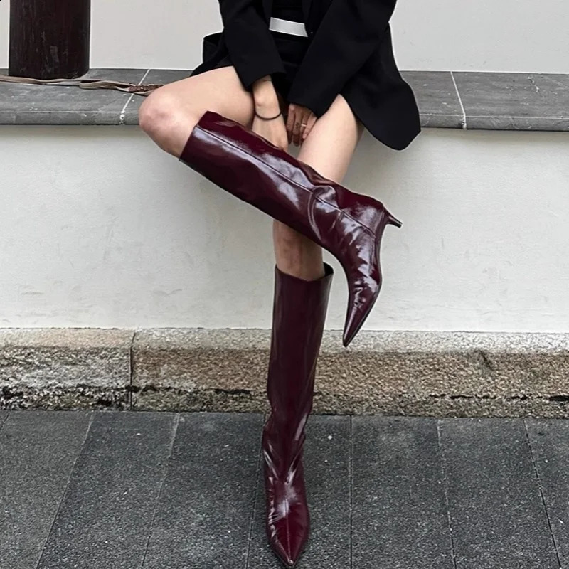 Burgundy Patent Leather HighTop Long Boots For Women Wine Red Pointed Toe Slip On Botas Largas De Mujer Kitten Low Heels Mature 250920