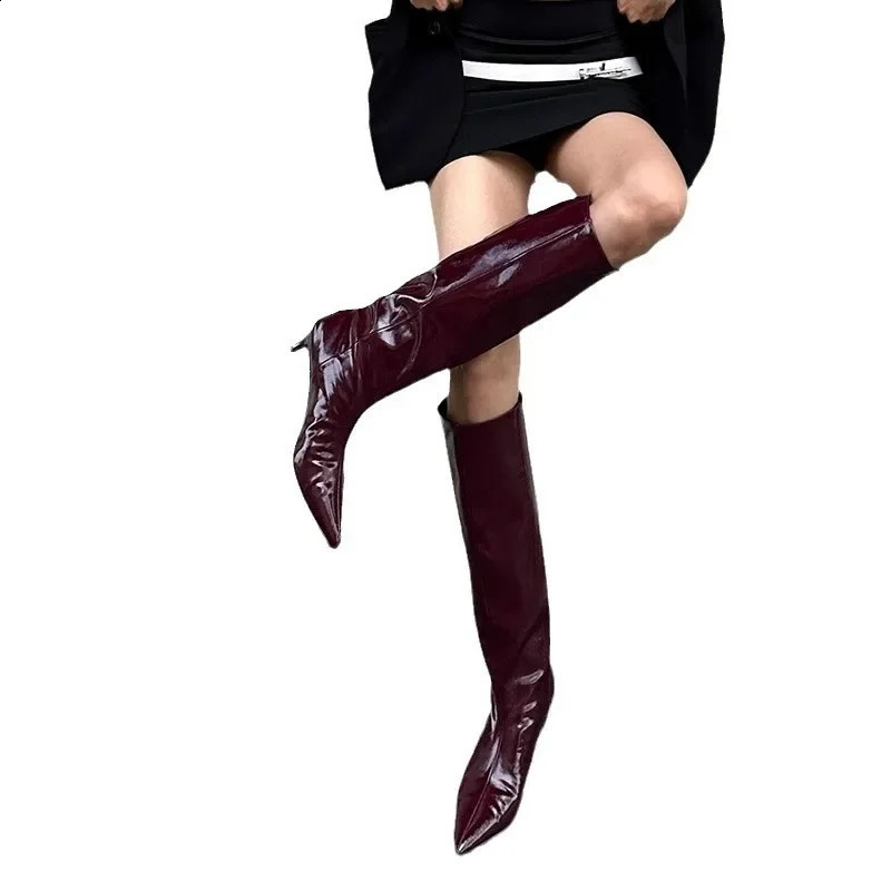 Burgundy Patent Leather HighTop Long Boots For Women Wine Red Pointed Toe Slip On Botas Largas De Mujer Kitten Low Heels Mature 250920