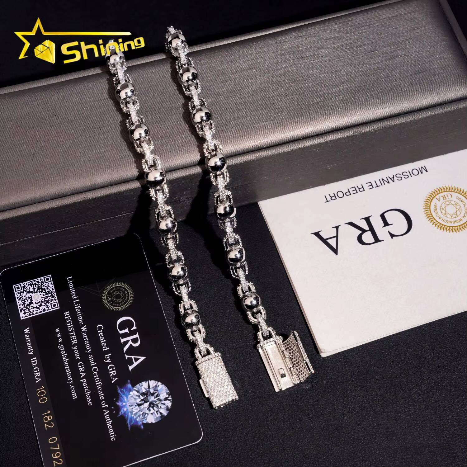 GRA Certificate 925 Sterling Silver Pass Diamond Tester Moissanite Bead 8mm Hip Hop Bracelet