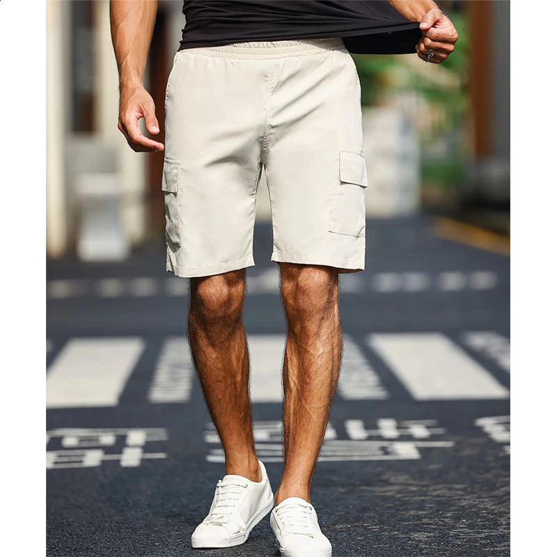 Mens Solid Color Cargo Shorts with Pockets Drawstring Waist Elastic Side Loose Fit Chino Summer Lightweight Trousers 250920