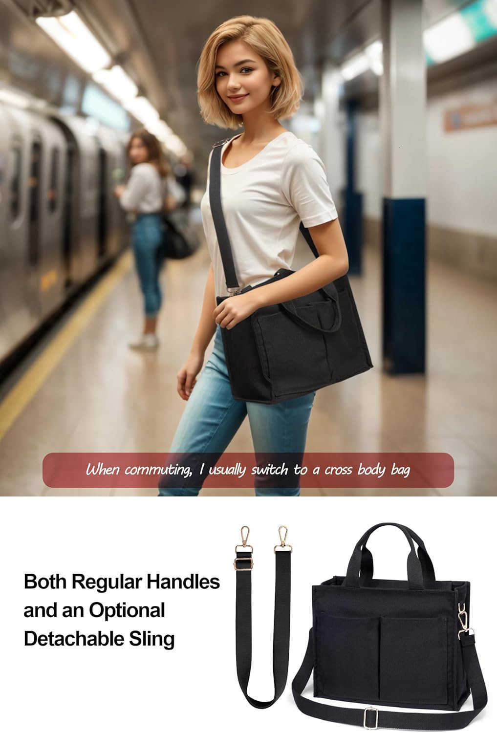 Fcolor College Tote Bag for Women Crossbody Canvas Tote Bag with Zipper 7 Pocket for Work College Teacher Nurse GiftZ250920