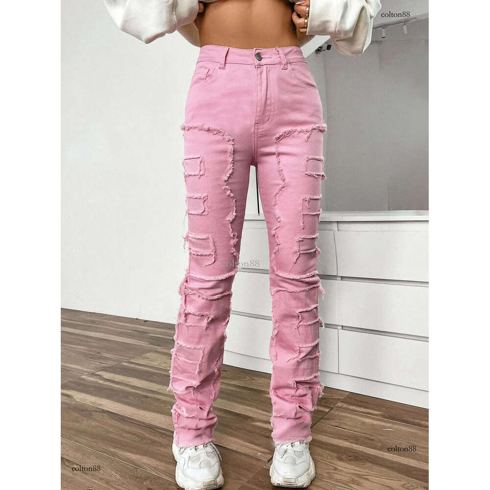 Women's Jeans Stylish Woman Pink Stacked Ripped Denim Cotton Stretch Long Pants Y2K Women Clothes 231122