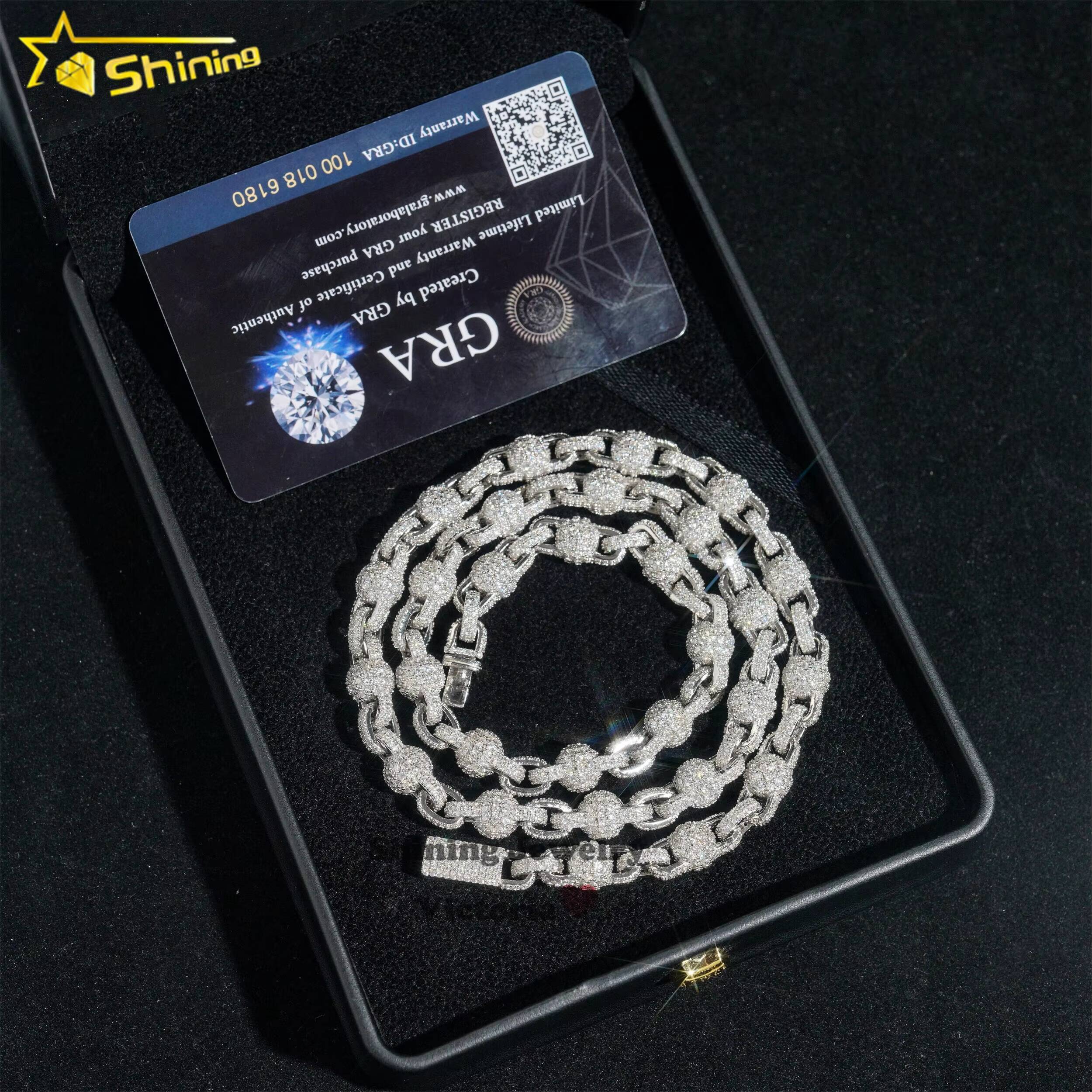 New Design Vvs Moissanite Rosary Ball Chain Hip Hop Rapper Jewelry Moissanite Chain Necklace 8mm