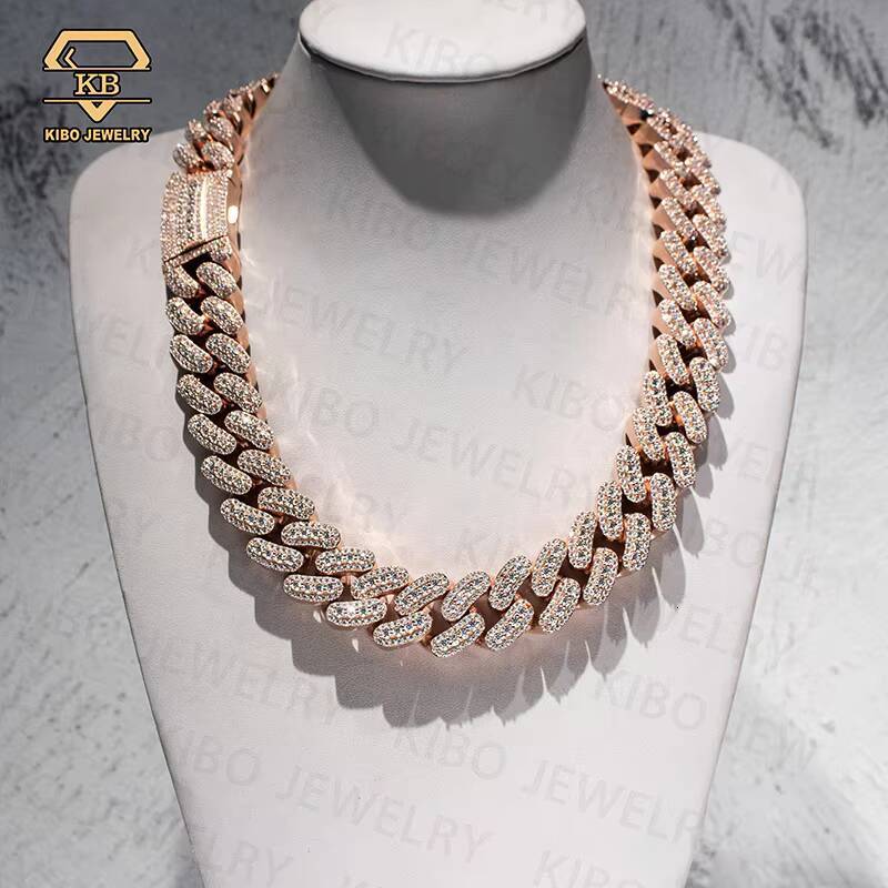 22mm Big Cuban Link Chain Raised Pointer 925 Silver Rose Gold Moissanite Iced Out Cuban Link Chain