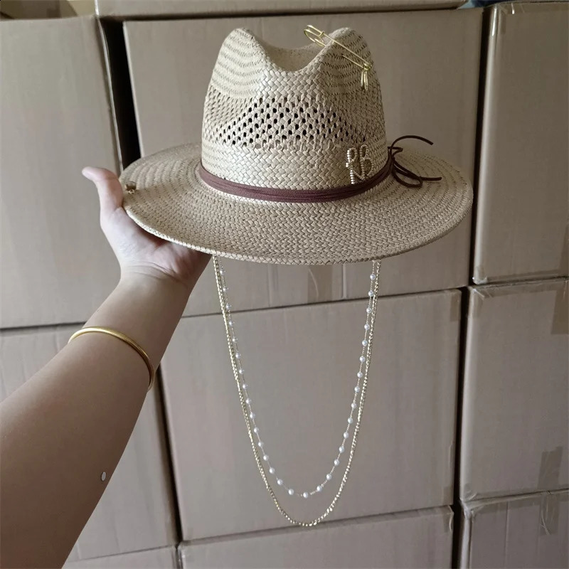 7cm straw hat Panama hollow pearl tassel series summer womens hat beach hat ladies summer trend Panama straw hat 250919