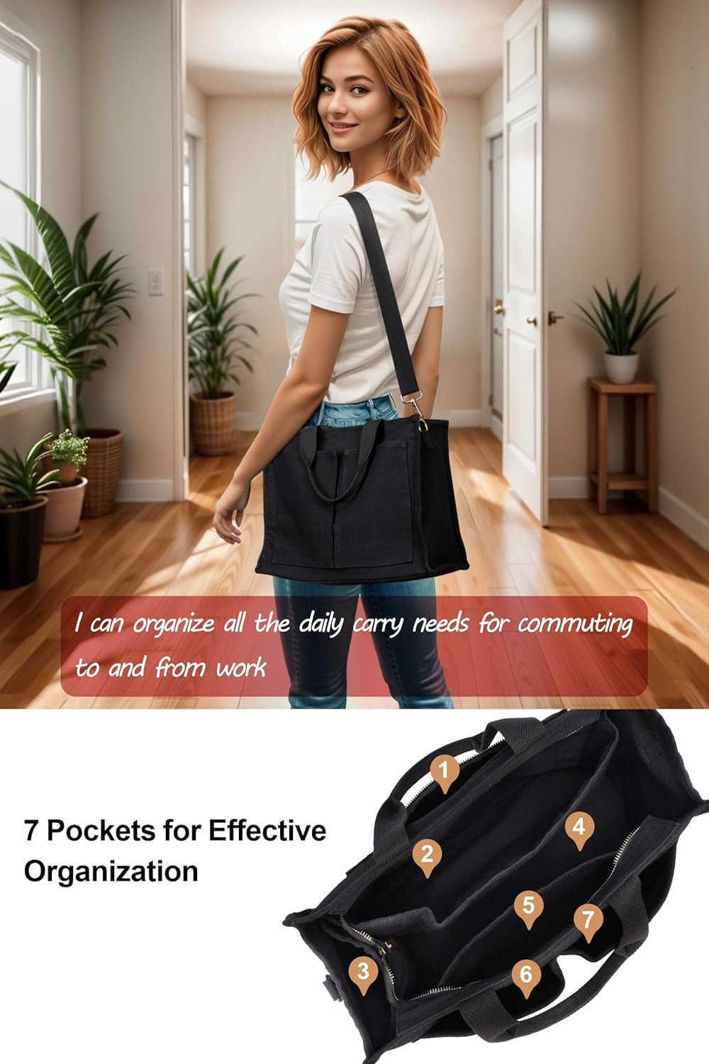 Fcolor College Tote Bag for Women Crossbody Canvas Tote Bag with Zipper 7 Pocket for Work College Teacher Nurse GiftZ250920
