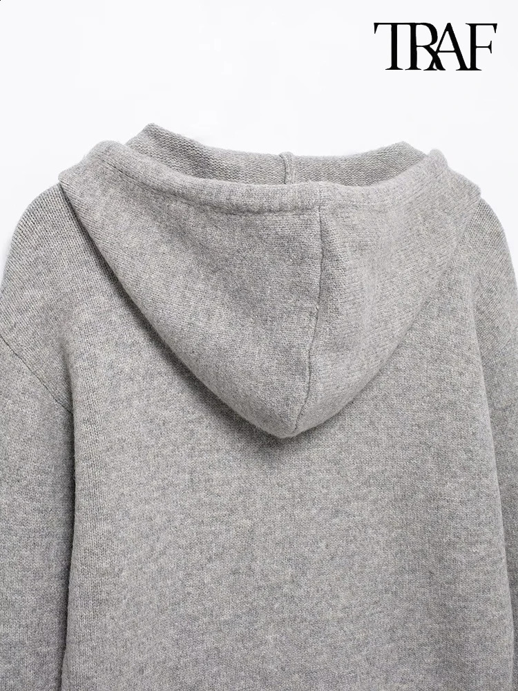 TRAF Womens Fashion FallWinter Minimalist Hooded Knit Cardigan Jacket Ribbed Hem Long Sleeve LaceUp Casual Sweater 250923