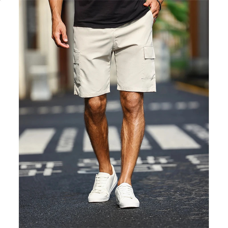 Mens Solid Color Cargo Shorts with Pockets Drawstring Waist Elastic Side Loose Fit Chino Summer Lightweight Trousers 250920