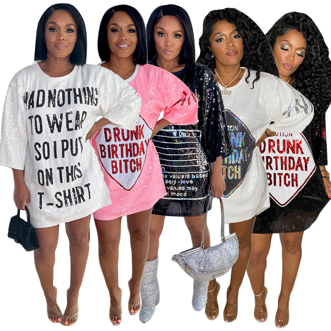 Streetwear Hip Hop Women's T-Shirt Loose Short Sleeved Round Neck Night Club Letter Sequined Top