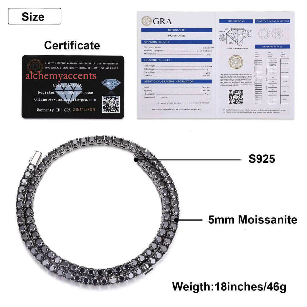 Kolye Unique Design 4mm Black VVS Moissanite DIa Tennis Chain GRA Certificate S Sier Men Jewelry Necklace for Man