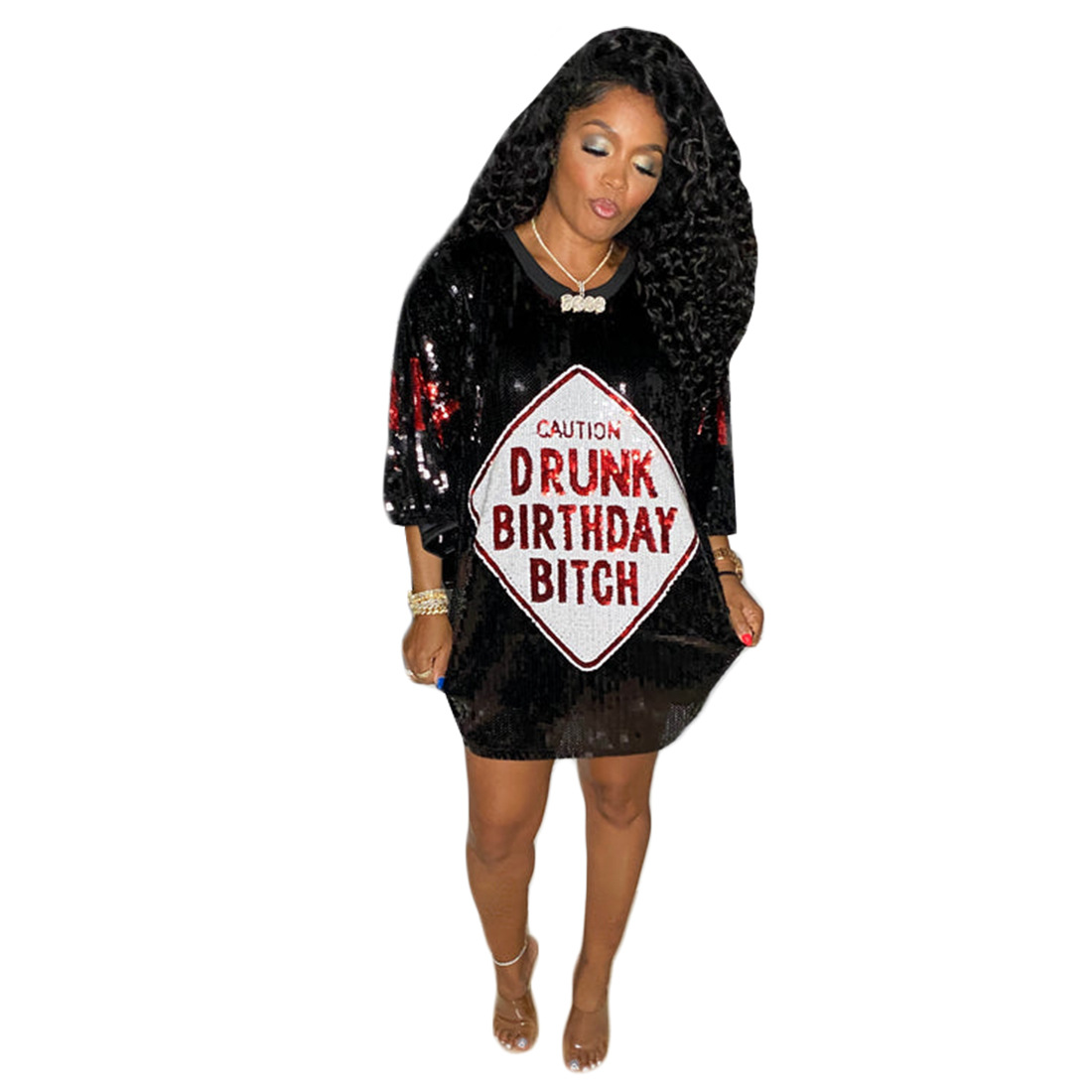 Streetwear Hip Hop Women's T-Shirt Loose Short Sleeved Round Neck Night Club Letter Sequined Top