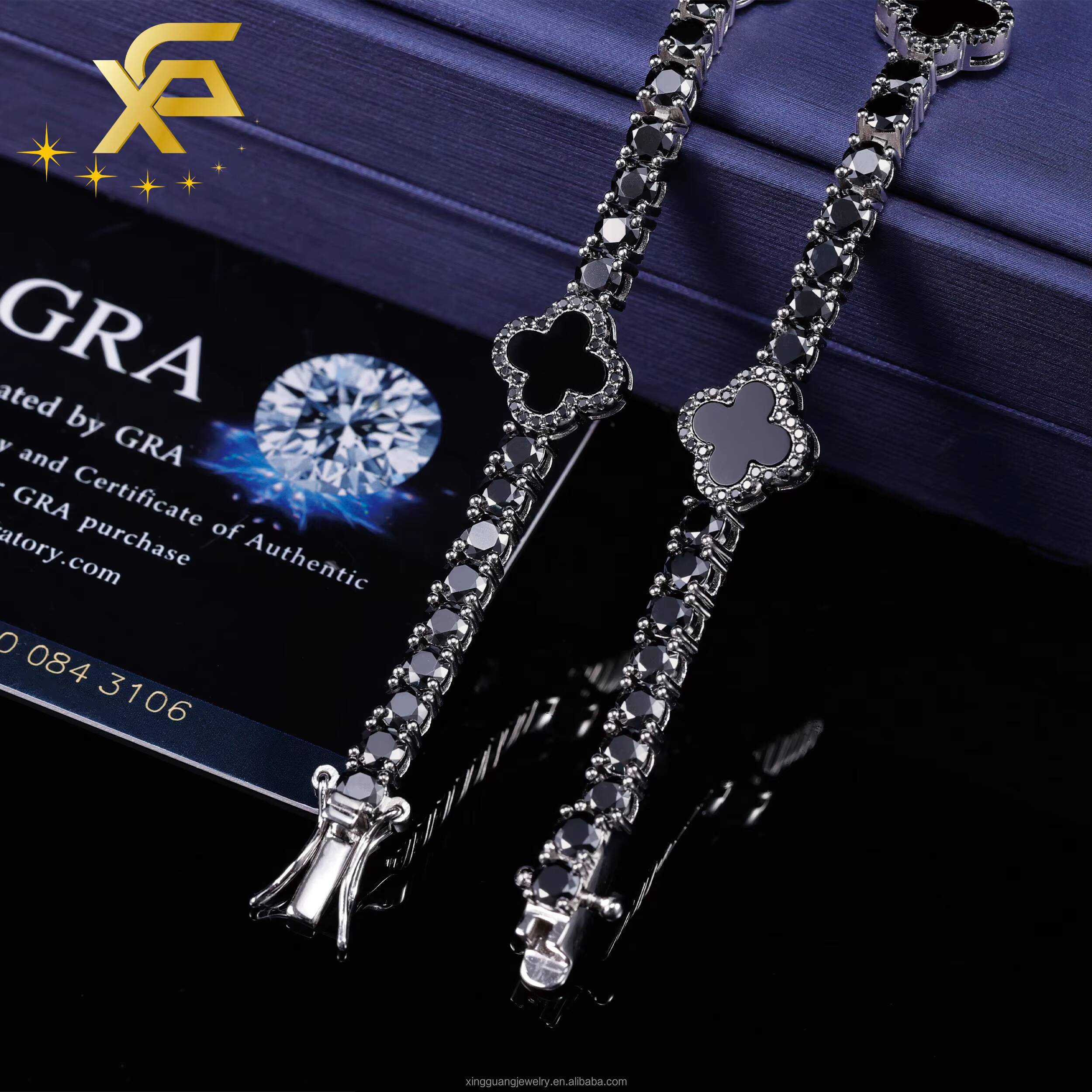 Black Color Moissanite Four Leaf Clover Bracelet S925 Silver 3mm5mm VVS Moissanite Clover Tennis Bracelet For Women