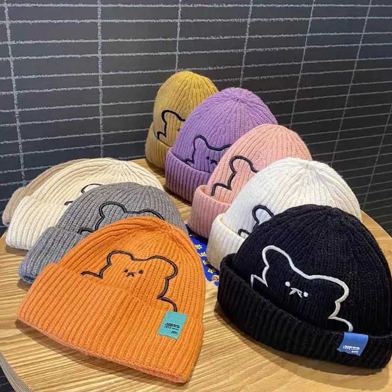 Wen Autumn Winter Warm Hat Cute Bear Embroidery Woolen Knitted Beanie Girl Solid Color Anticold Ear Protection Pr C Y250920