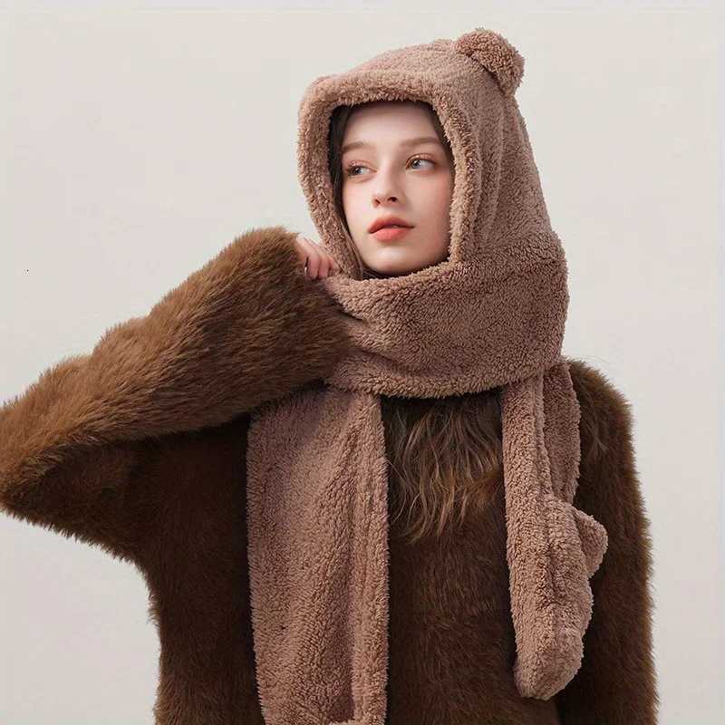 P ted bear hat scarf onepiece wens winter scarf cute winter versatile cycling warmth with p ear protection hood Y250920