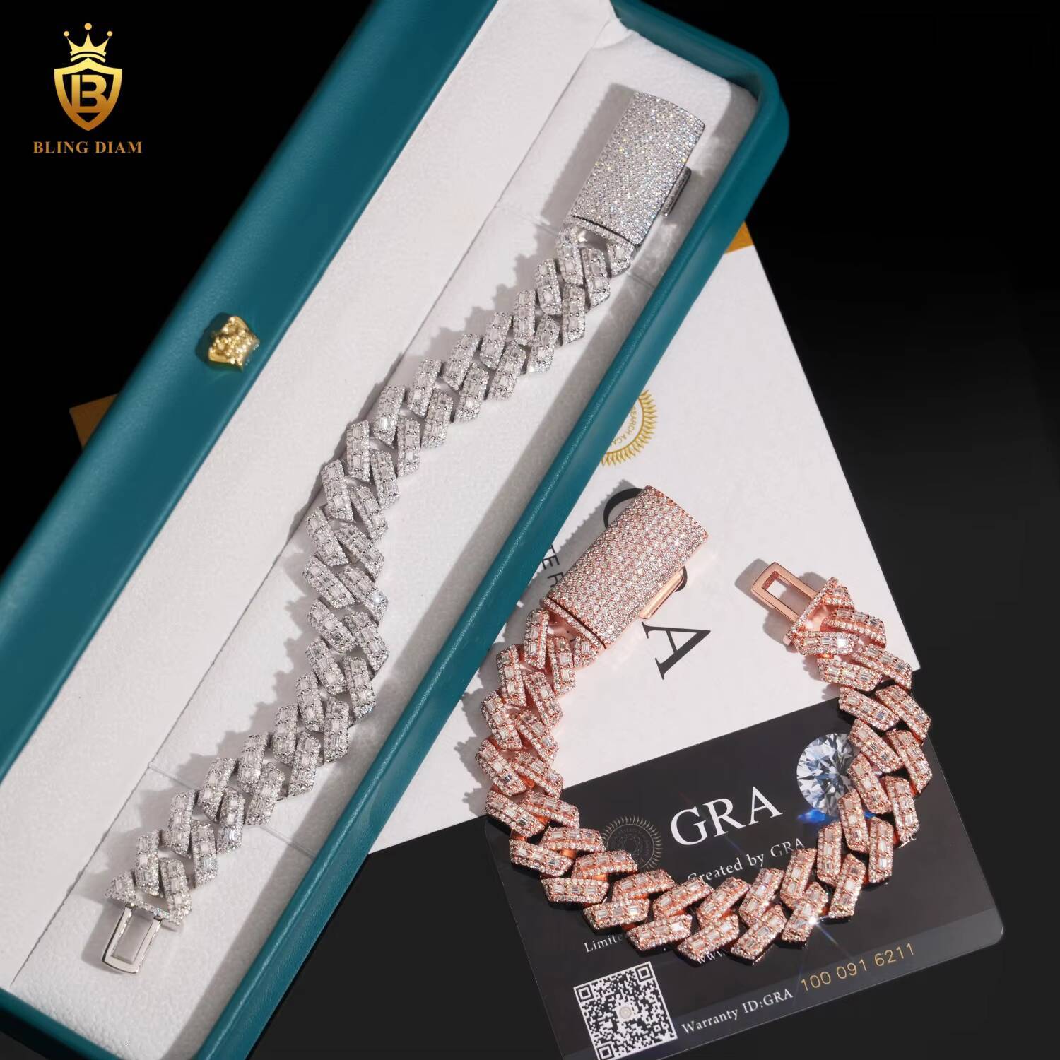 16mm Hip Hop Jewelry 925 Sterling Silver Rose Gold Vvs Moissanite Baguette Iced Out Mini Cuban Link Chain Bracelet Necklace