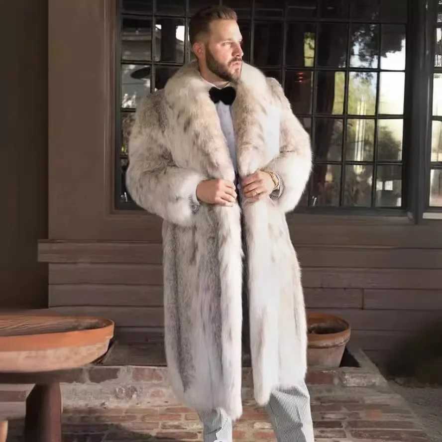 Luxury Brand Fur Coat Mens Midlength Faux Fur Jacket Lynx Leopard Print Faux Fur Coat Mens Winter Warm Mens CoatsXJ250920