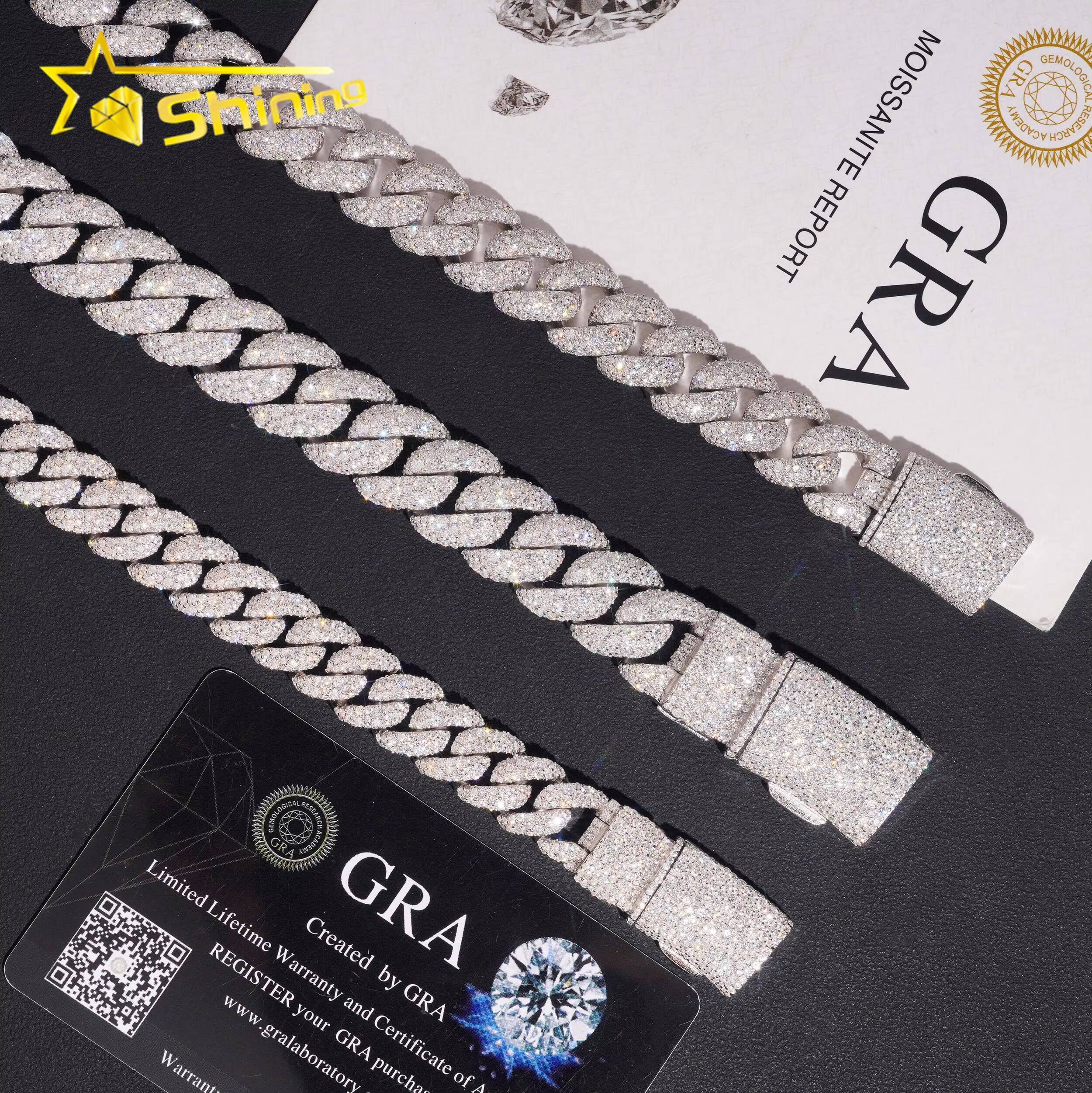 Hip Hop Jewelry 12mm 14mm 15mm Mosaic Setting Moissanite Diamond 925 Silver Cuban Link Chain