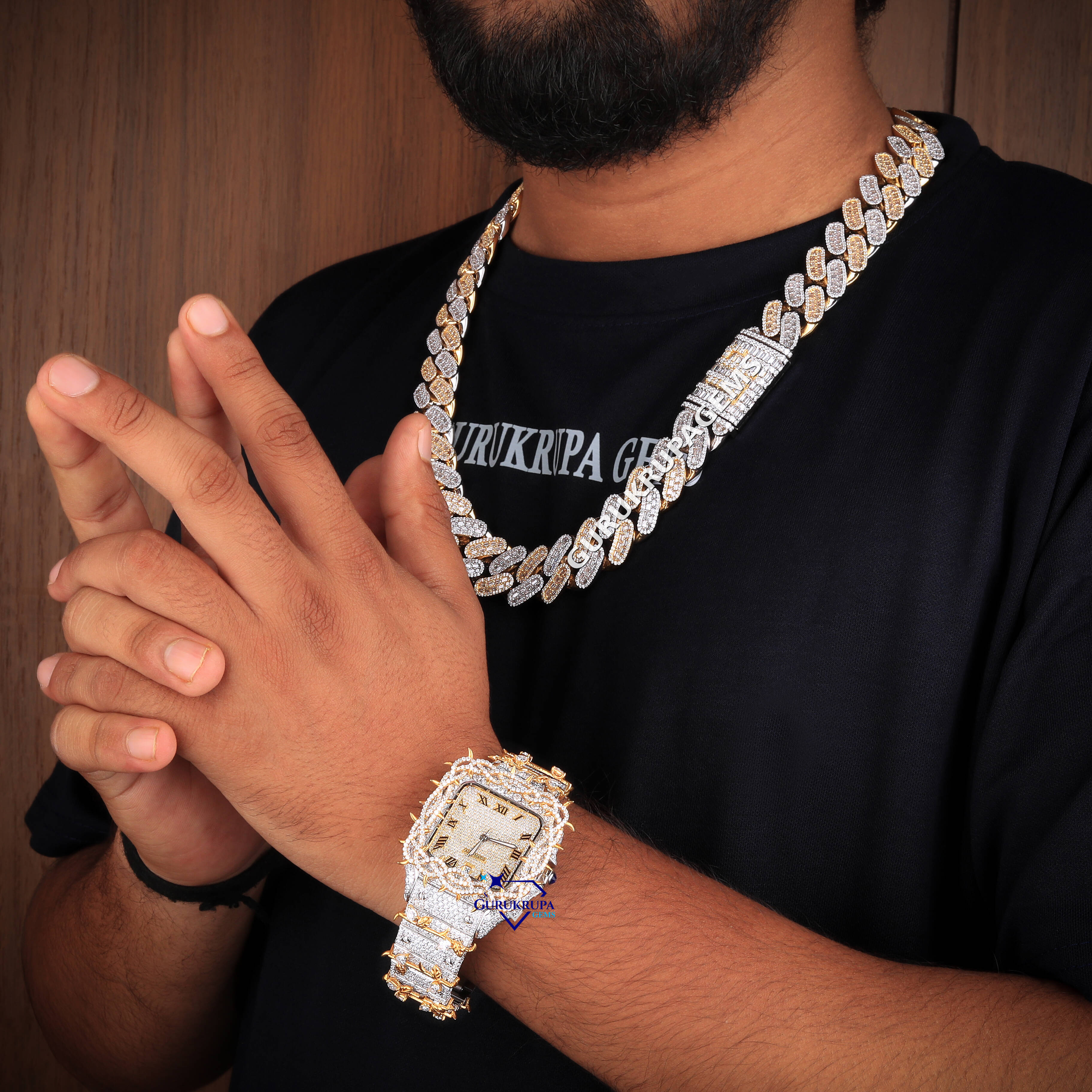 925 Silver Moissanite Cuban Chain and Watch Set for Men Iced Out Luxury Hip Hop Jewelry with Customized Trend