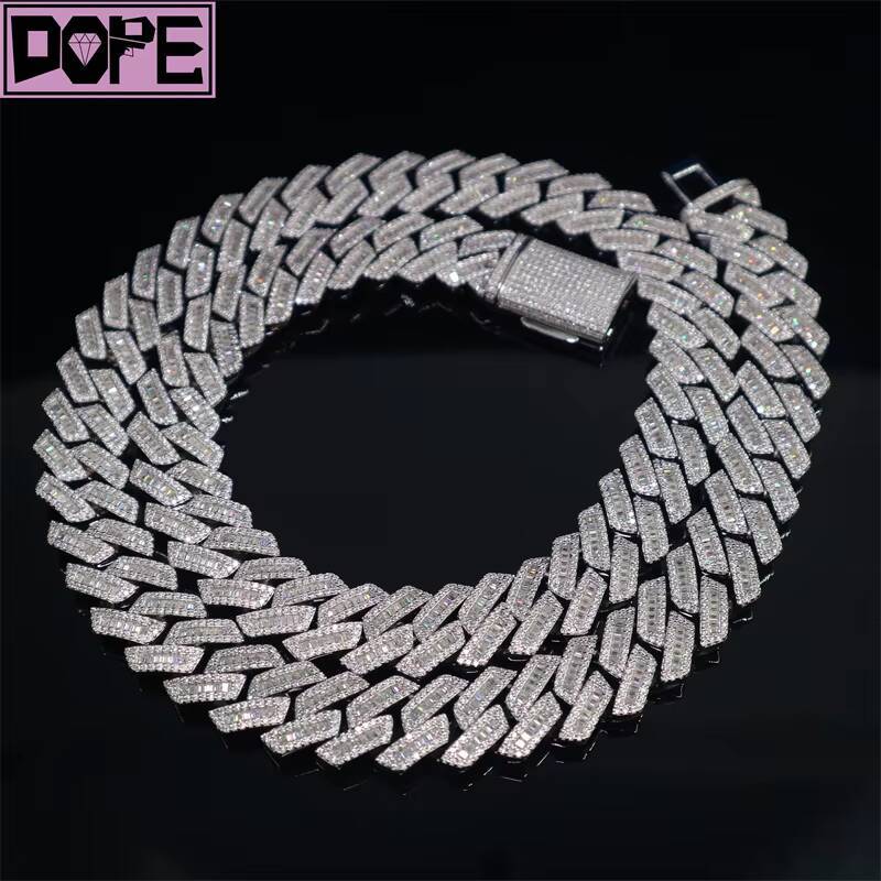 Hip Hop Cuban Link Chain 925 Sterling Silver 15mm Baguette Diamond Iced Out Moissanite Cuban Chain