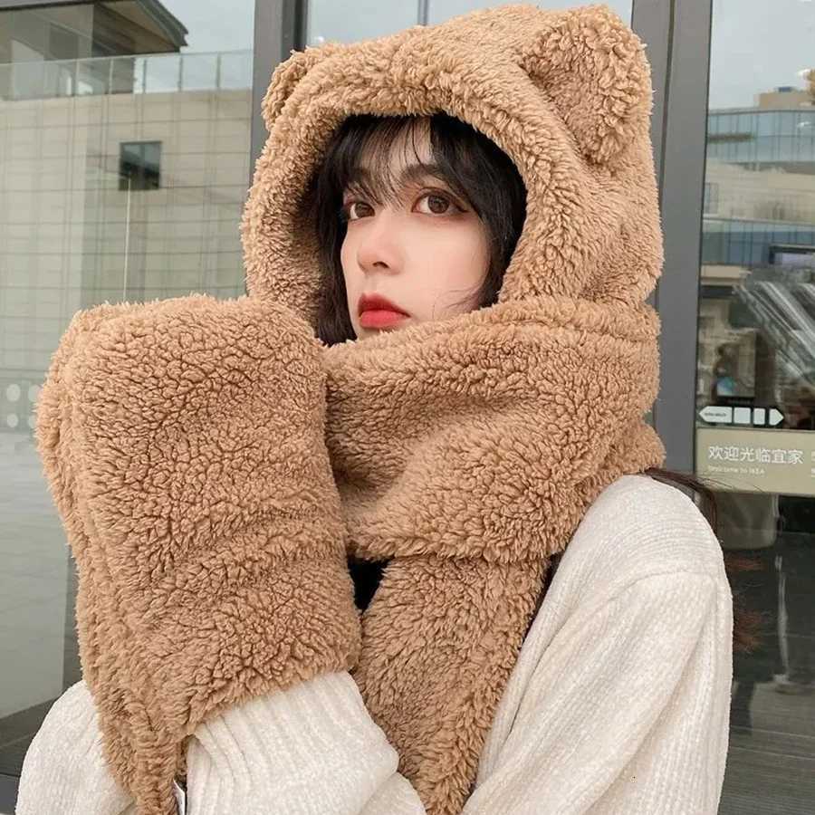 P ted bear hat scarf onepiece wens winter scarf cute winter versatile cycling warmth with p ear protection hood Y250920