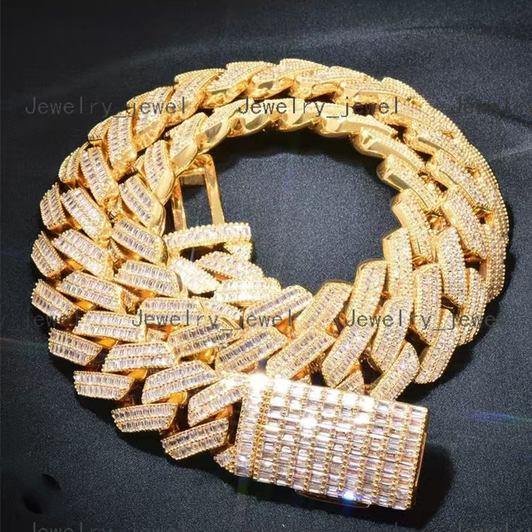 Custom 20mm VVS Baguette Cuban Link Chain for Men 18k Gold Plated 925 Solid Silver Iced Out Moissanite Cuban Chain Necklace