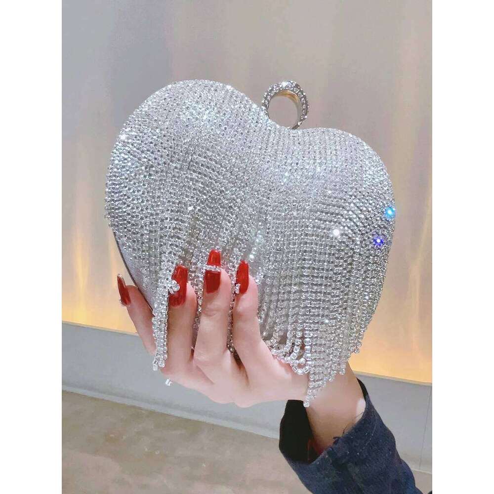 Designer Luxury Rhinestone Clutch Heart Shape Tassel Purse Dia Wedding Party Handbag Sliver Gold Handle Evening Bag