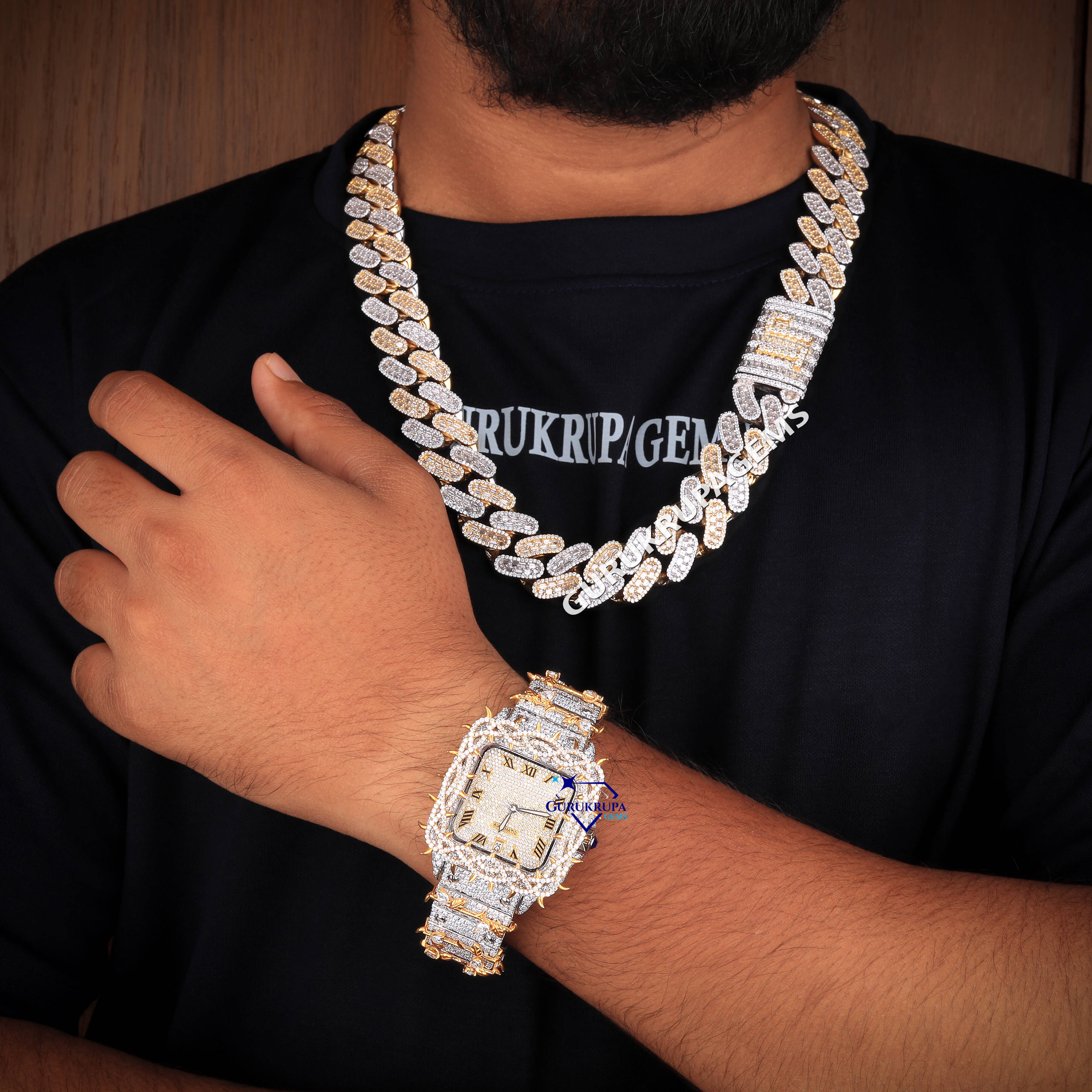925 Silver Moissanite Cuban Chain and Watch Set for Men Iced Out Luxury Hip Hop Jewelry with Customized Trend