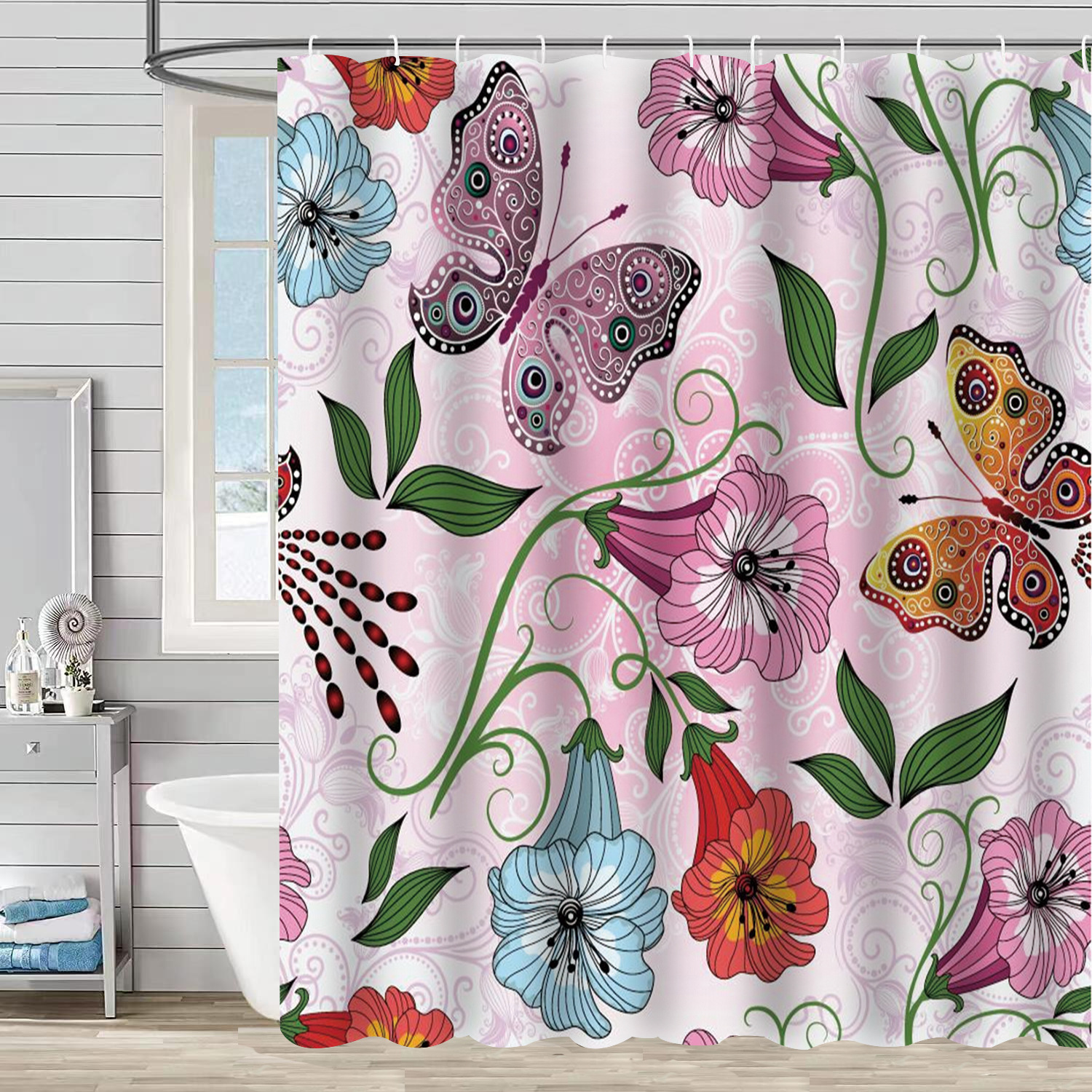 YL-37228 Waterproof Shower Curtain 3D Printed Tropical Jungle Plant Leaves and Flowers Season Polyester Shower Curtain with Hook