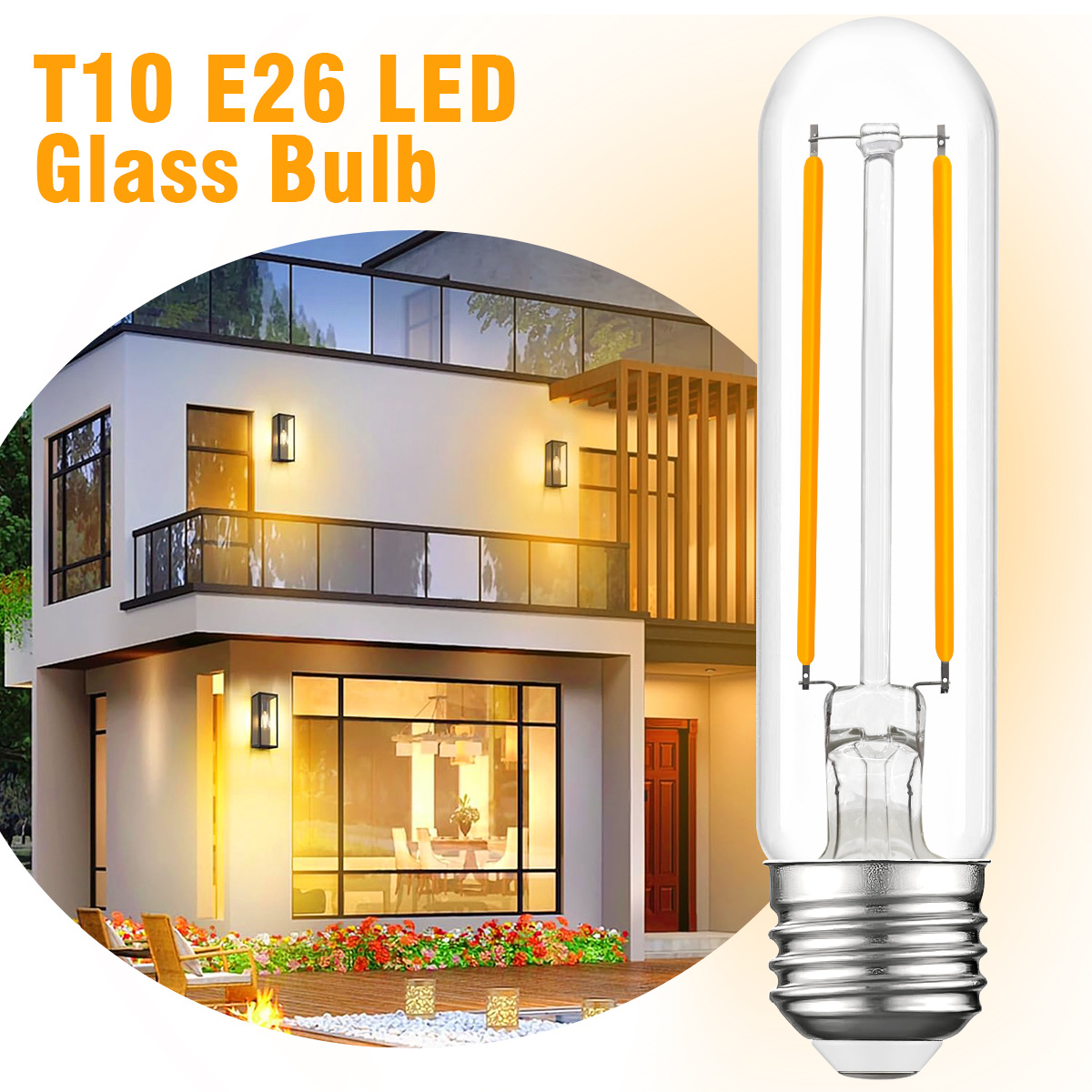 T10 E26 LED Bulbs 4W Dimmable, 40W/60W Equivalent Glass Light Bulbs for Indoor Outdoor String Lights, 2700K-4000K Warm White, 25000 Hours Lifespan-HCP