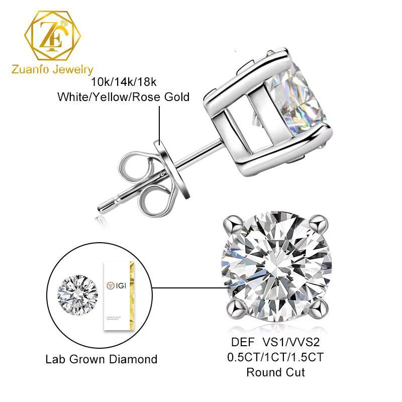 Luxury 14K 18K Gold Earring GIA IGI Certified 05ct 1ct 2ct Round Brilliant Cut Lab Diamond Stud Earrings
