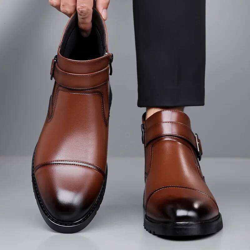 Fashion Casual Business Leather for Men Solid Color Buckle Designer Shoes Male Autumn Winter Antiskid Work Boots Man