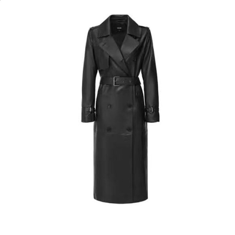 X-Long Leather Trench Coats for Women Slim Belt Waist Back High Cut Up Long Sleeve Chocolate Synthetic Leather Jacket RR 241025