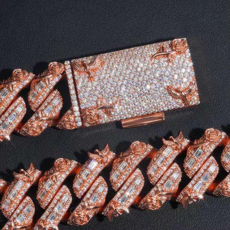 Iced Out Hiphop VVS Moissanite 20mm 925 Sterling Silver Baguette Stamped Customized Trend Cuban Link Chain