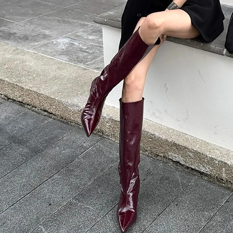Burgundy Patent Leather HighTop Long Boots For Women Wine Red Pointed Toe Slip On Botas Largas De Mujer Kitten Low Heels Mature 250920