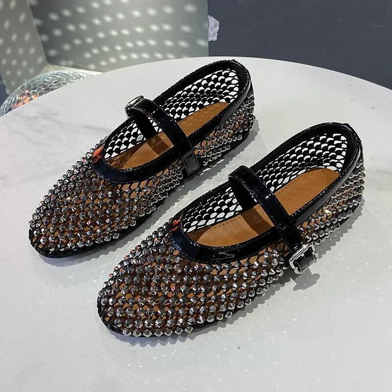 Crystal Rhinestone Fishnet Ballet Flats Woman Brand Design Rivet Mesh Mary Jane Shoes Ladies Summer Loafers Plus Size 44 ddmypanda