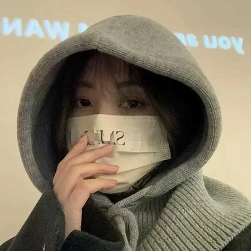 Korea Winter Hats and Scarf Set with Botton Scarf Balaclava Hat Warm Neck Set Wen Knitted Wool Pr Hat Gothic Y2k Y250920