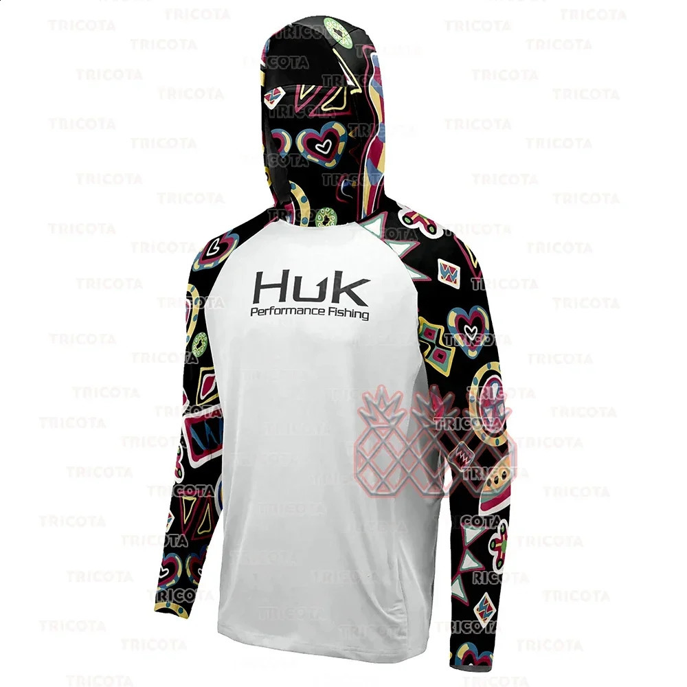 HUK Men Fishing Hoodie Cartoon Shirts Neck Mask Long Sleeve Quick Dry Fishing Apparel Cap Breathable UV Protection Angling Tops 250919