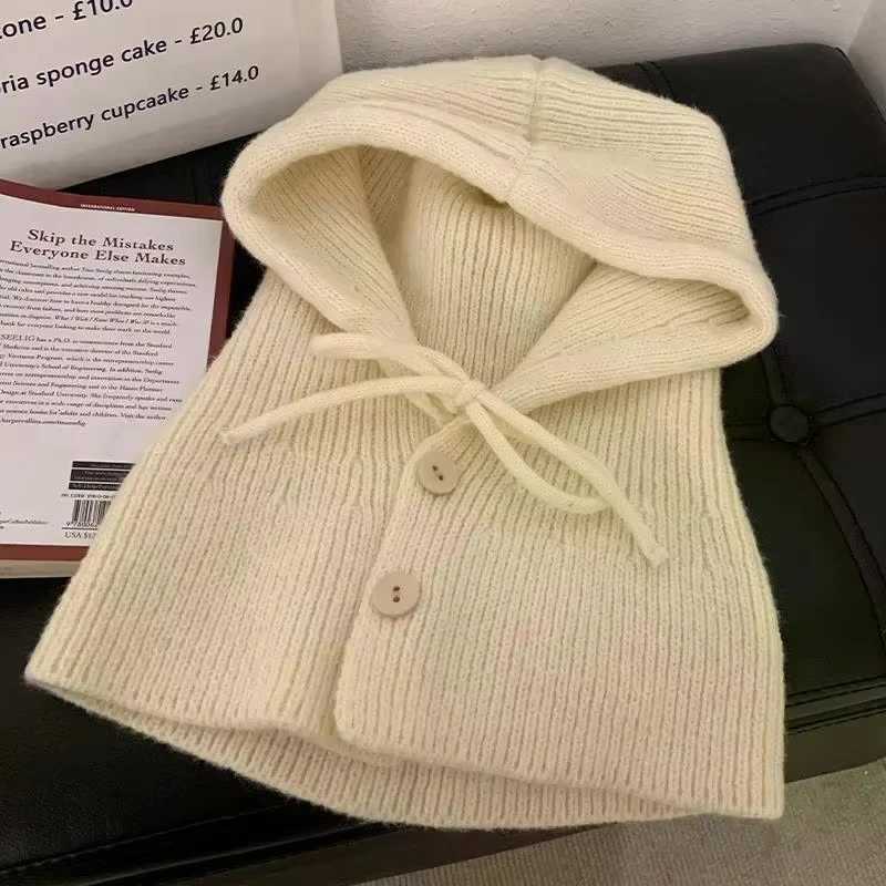 Korea Winter Hats and Scarf Set with Botton Scarf Balaclava Hat Warm Neck Set Wen Knitted Wool Pr Hat Gothic Y2k Y250920