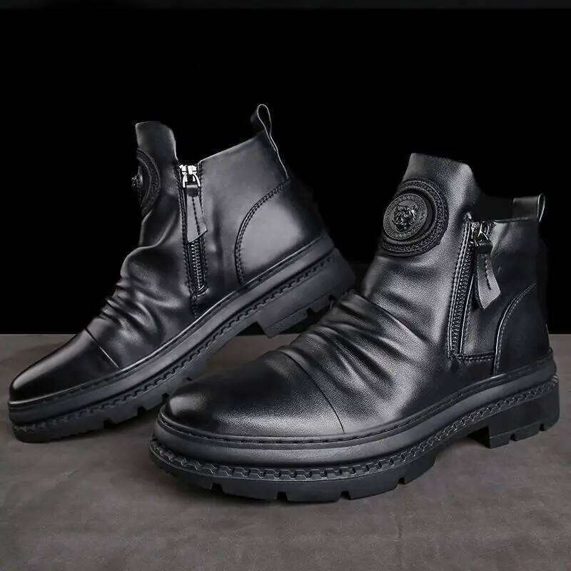 Men's Motorcycle Leather British Style Round Head High Top Shoes Side Zip Walking Casual Platform Boots Bota Masculina