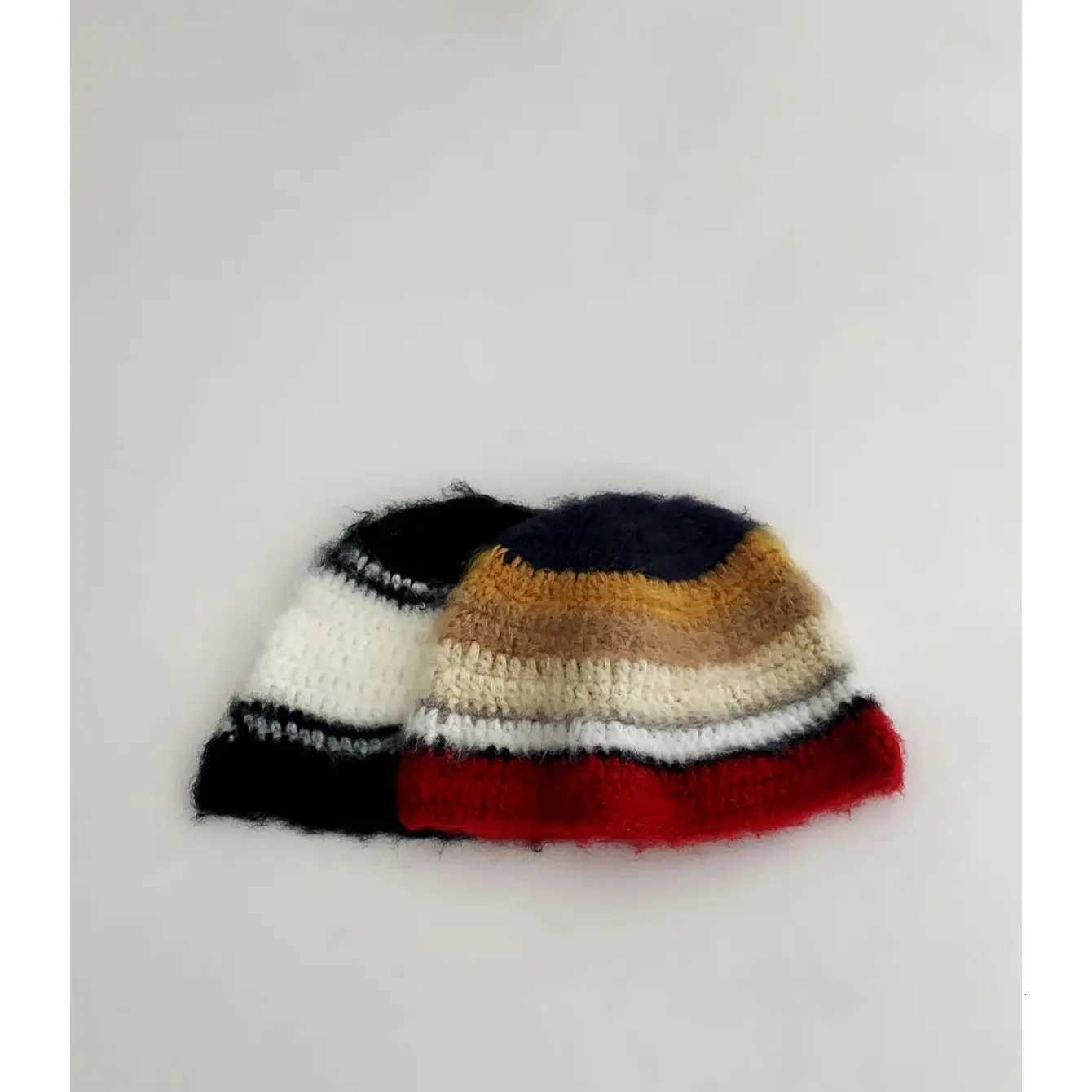Niche Handmade Knitted Stripesd Mohair Fisherman Hat Wen Autumn and Winter Retro Warm and Cute FaceShowing Small Woolen Hat Y250920