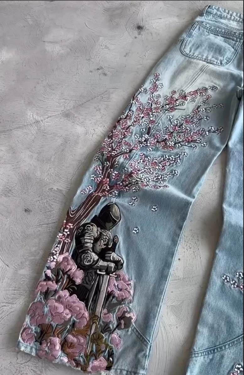Vintage Cherry Blossom Black Knight y Jeans Y2k Retro Baggy Straight Denim Pants Blue Wash Jean Men Clothing Streetwear 250923